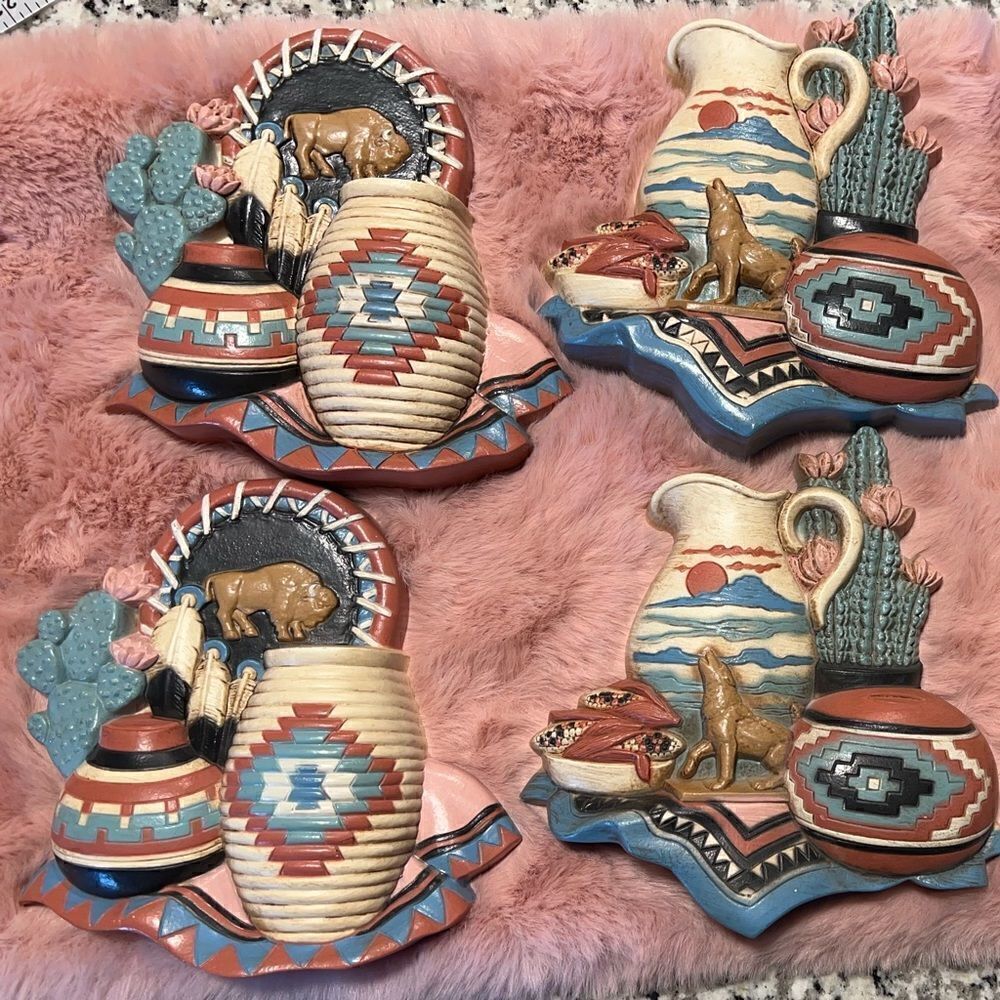 Lot of 7 Vintage Burwood MCM Southwest Native American Aztec wall decor.